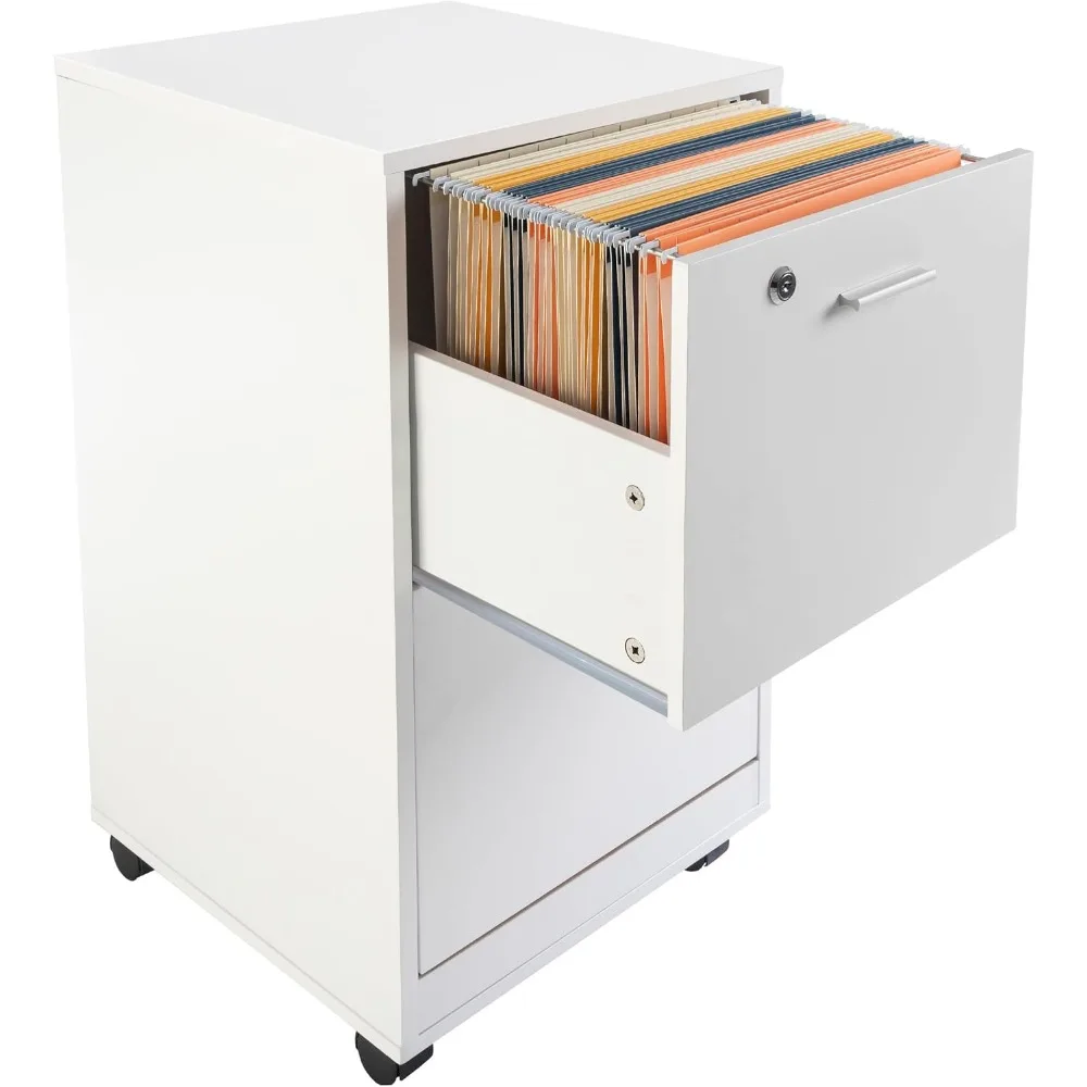 2-Drawer Rolling File Cabinet with Lock - Deep Storage for Home Office Desk Organization (White)