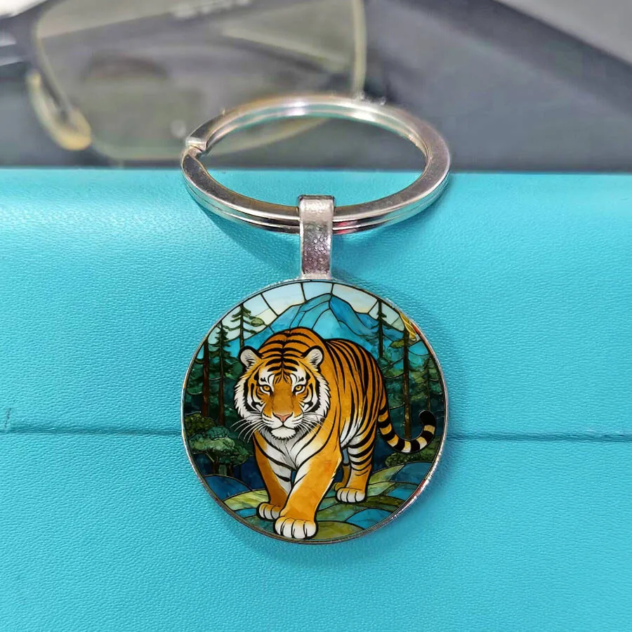 Wildlife Animal Stained Glass Pattern Key Ring, Koala Camel Horse Round Keychain Bag Charm Gift for Animal Lovers