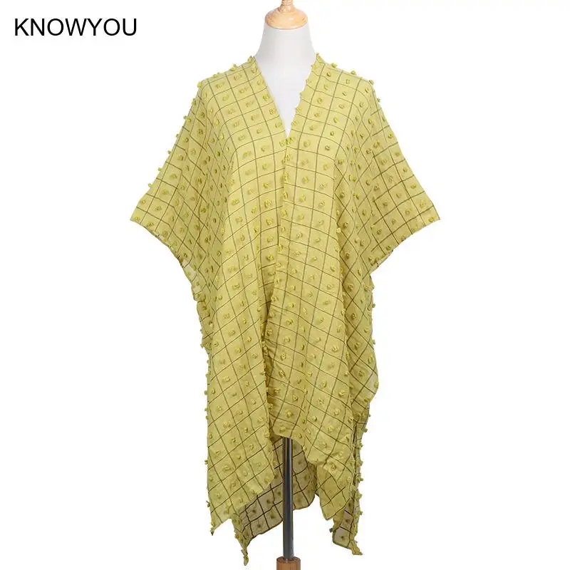 Solid Plaid Pashmina Women Thin Cover Up Cardigan Kimono Sunscreen Shawl Beach Vacation Wraps Bikini Cover-Up Travel Poncho