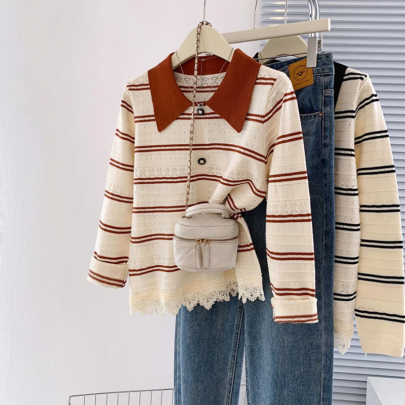 

Leisure Striped Lace Hem Knit Tops Spring Autumn Turn Down Collar Shirt For Women Long Sleeved Stylish Versatile Shirts