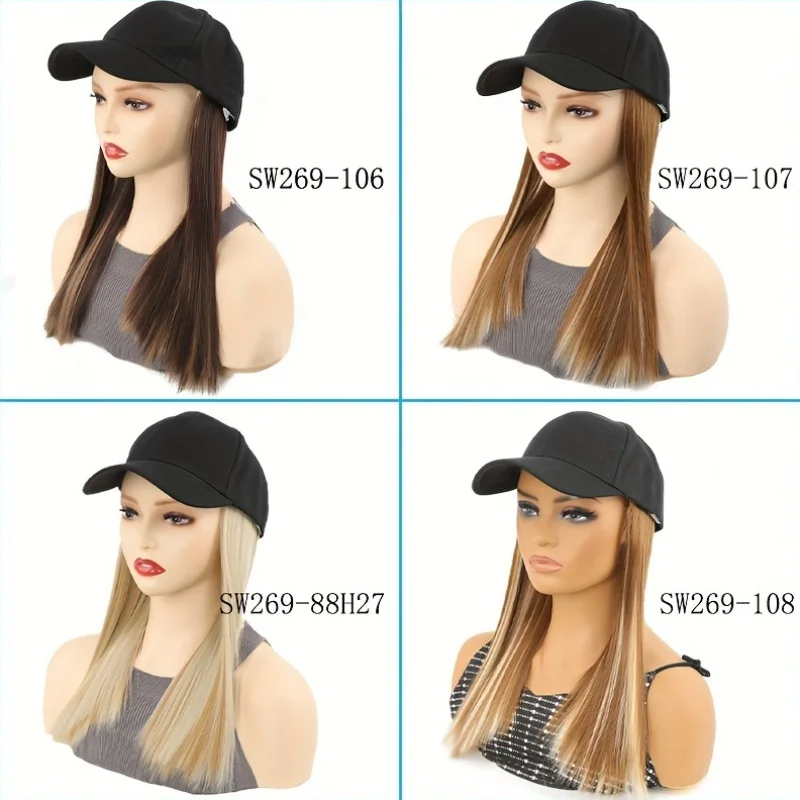 Wig topi 18 inci sintetis wig rambut lurus panjang dengan topi bisbol wig sintetis untuk wanita dengan topi hitam Fashion