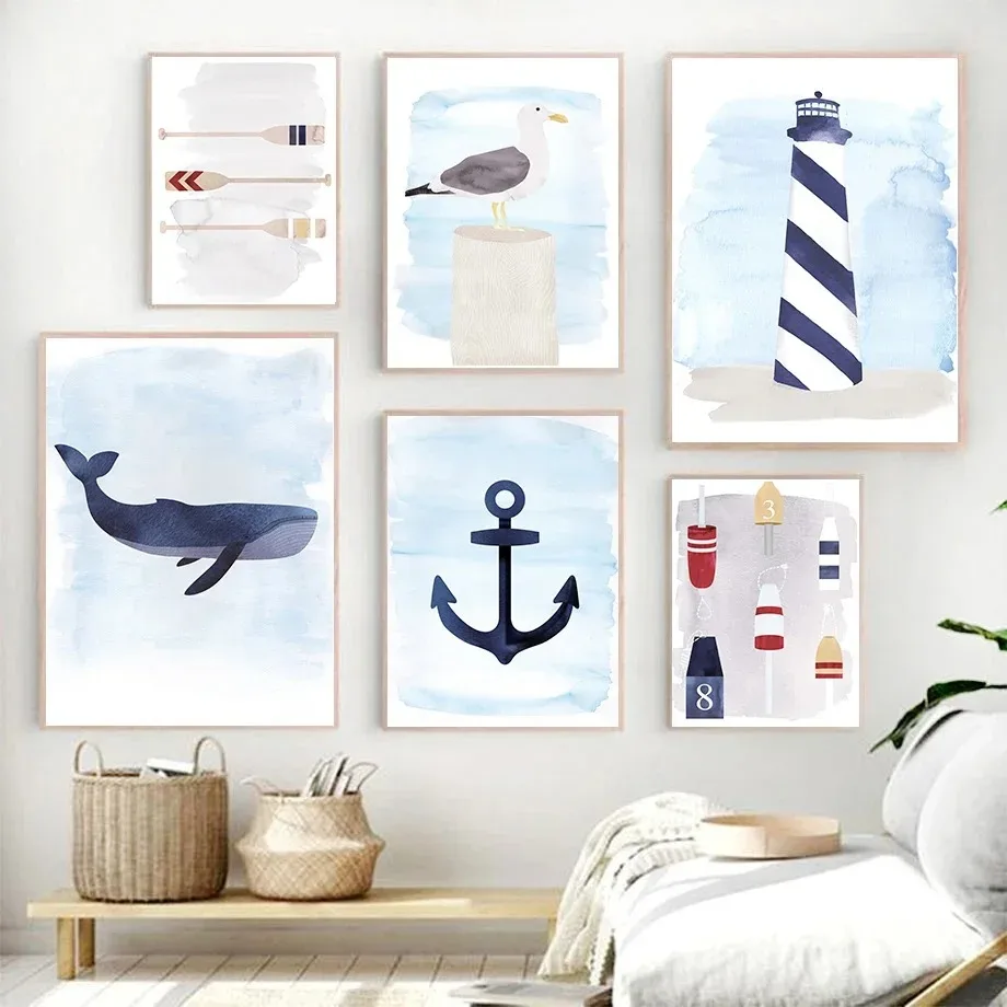 Lighthouse Sailboat Whale Crab Seagull Nautical Themed Wall Art Canvas Print Painting Poster Boho Pictures Baby Kids Room Decor