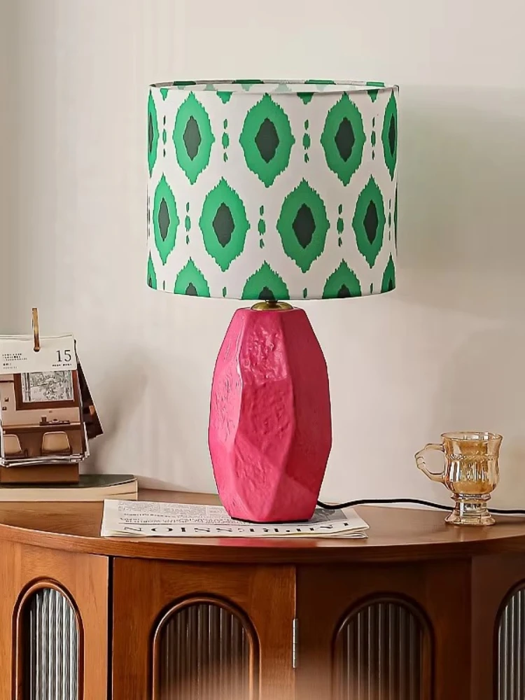 Modern pink ceramic desk lamp with patterned fabric lampshade, three color adjustable light, used for bedroom home decoration