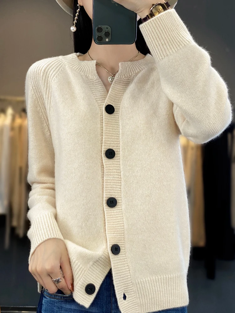 

Women100% Merino Wool Cardigan Long Sleeved Seamless Cashmere Knitted Cardigan Loose Fashionable Sweater Tops New Spring Autumn