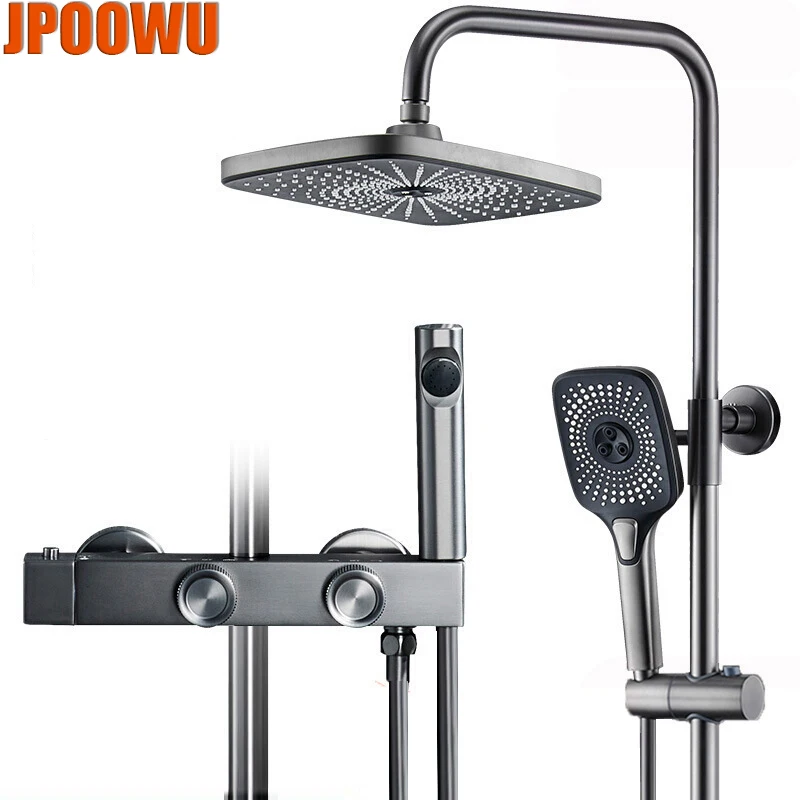 

Gun Grey Shower System Set Bathroom Hot Cold Mixer Bath Faucet Wall Mount SPA Rainfall Modern Thermostatic Faucets Round Bathtub