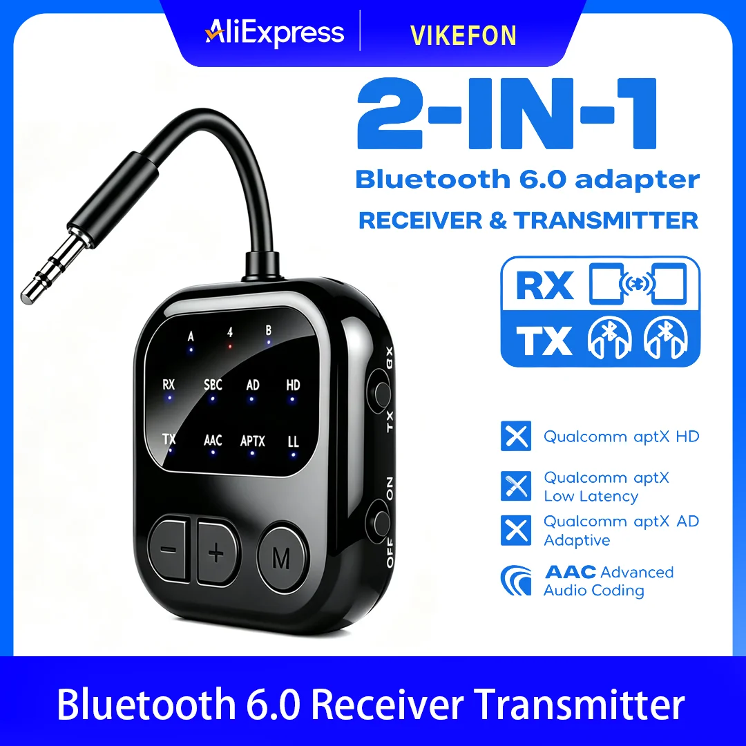 Bluetooth 6.0 Empfänger-Sender 2-in-1 AptX-Adaptive Audio-Adapter Dual-Stream Musik Drahtloser Adapter für Auto und Flugzeug