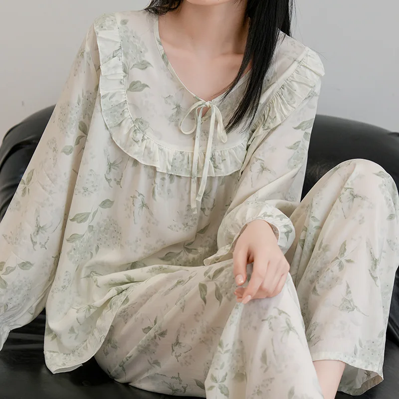 

Women's Cotton Silk Pajama Set Girls Spring and Autumn Homewear Princess Style Loose Plus Size Fit Sleepwear