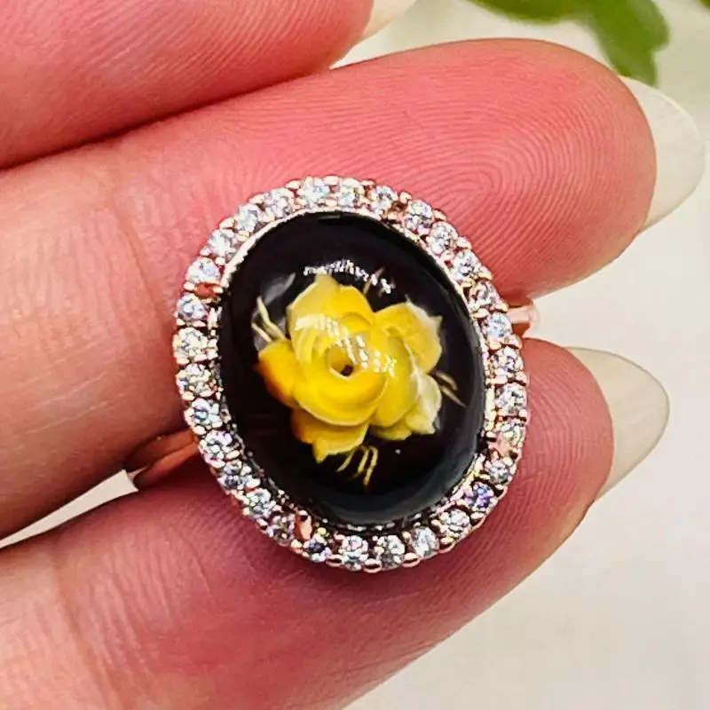 100% Natural Amber Ring Women Healing Gemstone Fine Jewelry Genuine Baltic Red Amber Rose Flower Rings For Girlfriend Mom Gifts