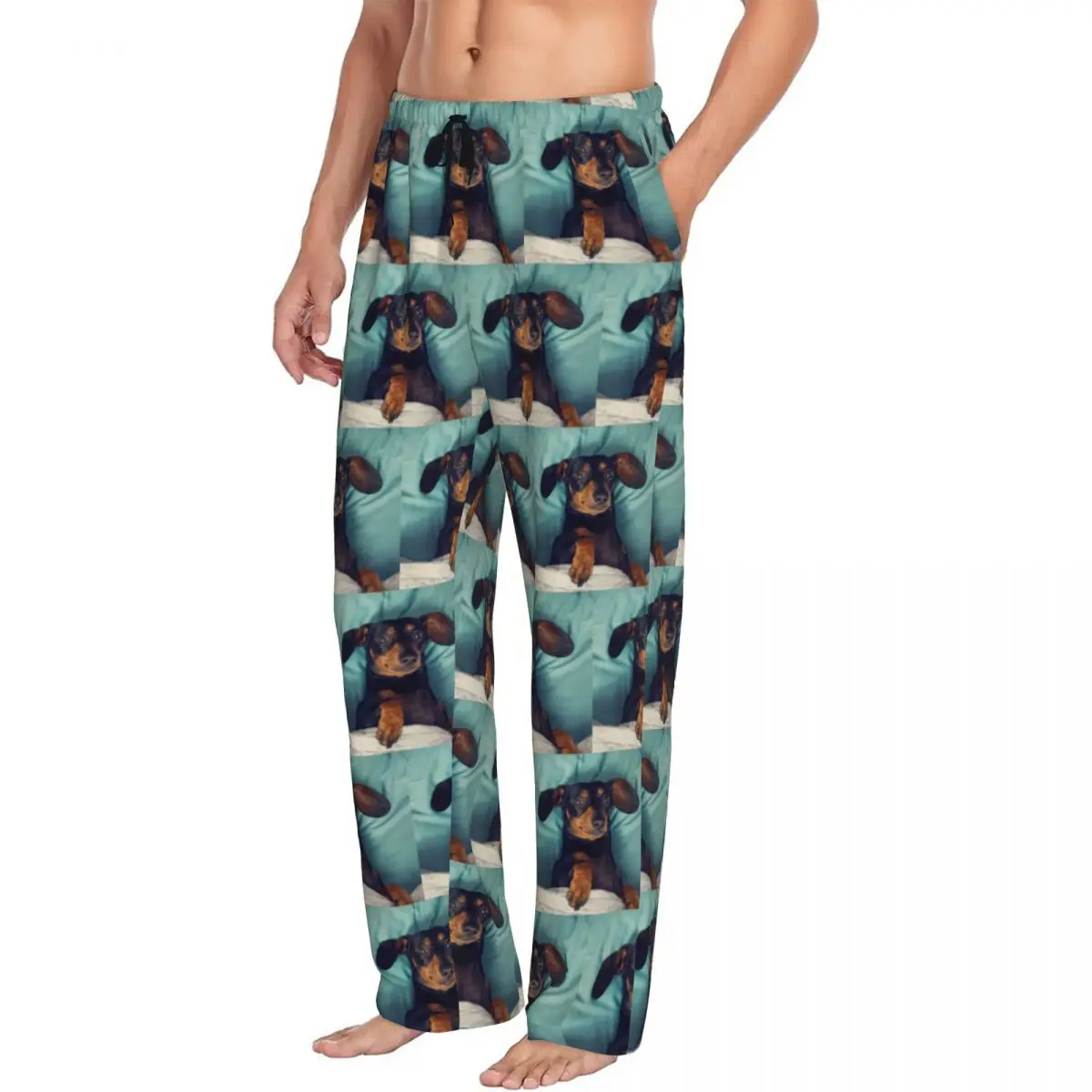 Custom Printed Men's Dachshund Pajama Pants Badger Sausage the Wiener Dog Sleepwear Sleep Lounge Bottoms with Pockets