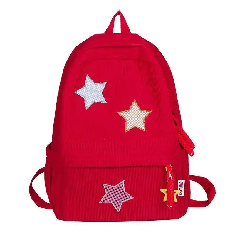 Corduroy Star Patch Backpack, Casual Laptop Rucksack, Large Capacity Student School Bag, Aesthetic Daypack for Daily Travel