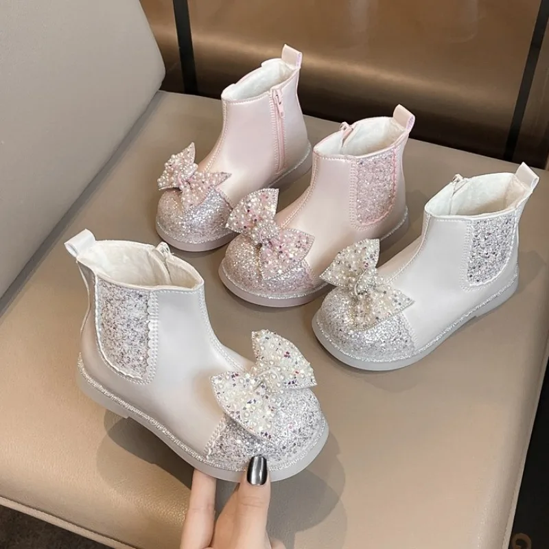 

Children's Crystal Leather Boots 2025 Winter Warm Princess Girls Boots Fashionable Children's Short Boots Plush Warm Kids Shoes