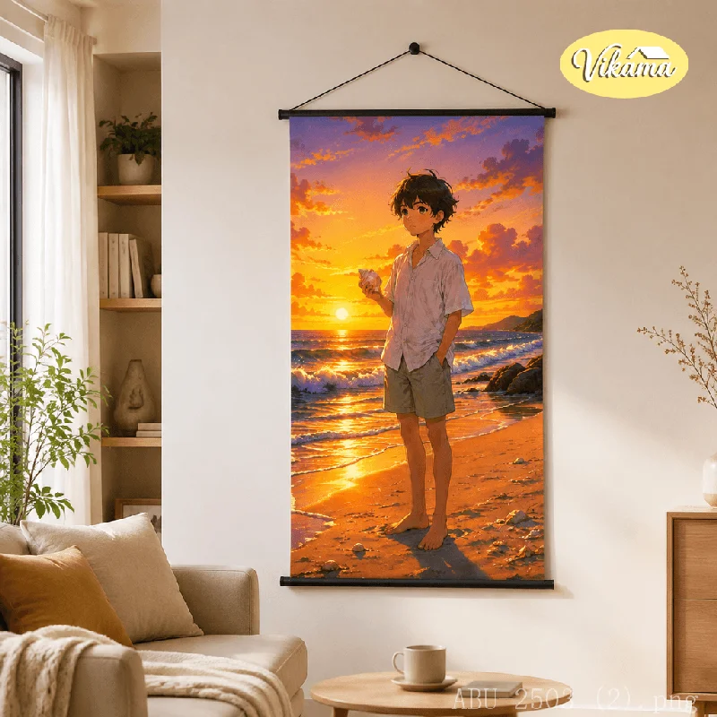 VIKAMA Vertical Anime Hanging Scroll Seaside Boy Seagull Ocean Canvas Poster Japanese Wall Hanging Bedroom Aesthetic Decor
