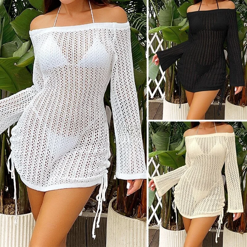 Cross-Border New Sexy Hollow Texture One-Shoulder Fashion Double Drawstring Sunscreen Beach Cover-Up Polyester Spring Fitness