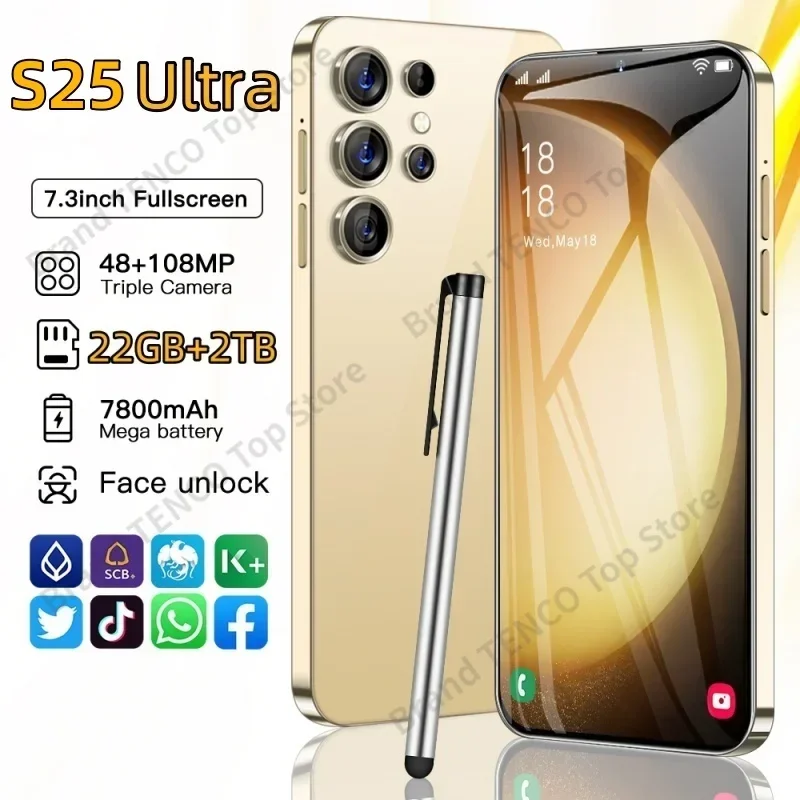 

s25 ultra Mobile Phones 7.3HD Screen SmartPhone Original 5G 22GB+2TB 4G Dual Sim Celulares Android Unlocked 7800mAh S24 Ultra