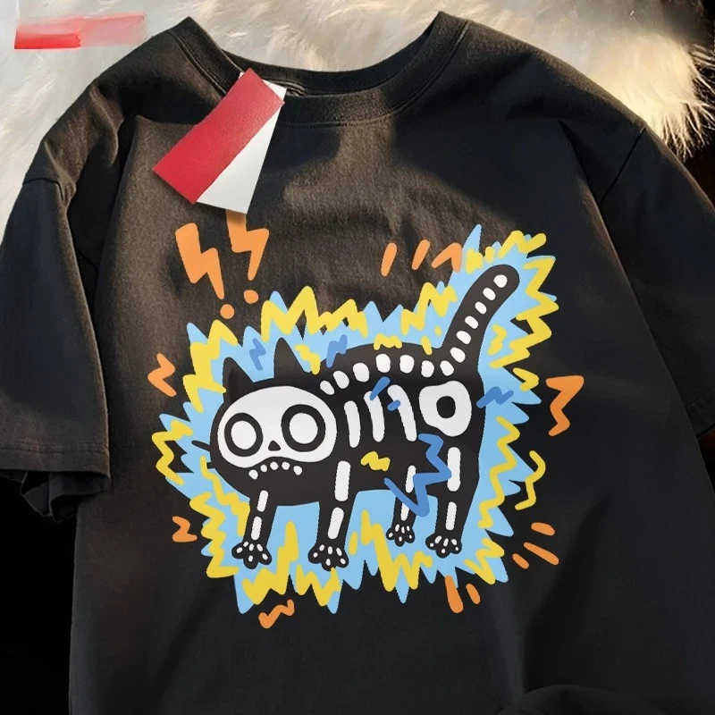 

Парная футболка унисекс с коротким рукавом, летняя, свободного кроя, с принтом кошки-черепа, оригинальная, забавная, модная, трендовая, в стиле Electric Shock Cat