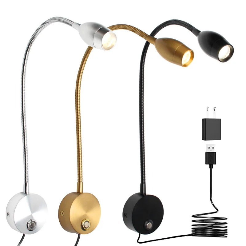 

3W Dimmable Flexible Gooseneck Wall Lamp With Switch USB for Bedroom Bedside Study Wall Light Wall Mounted Night Light Fixture