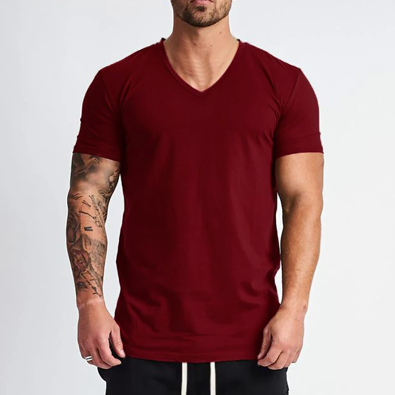 New Fashion V-Neck T-shirt Men Cotton Slim Fit Short Sleeve T Shirt Male Fitness Workout Tees Summer Bodybuilding Gym Clothing