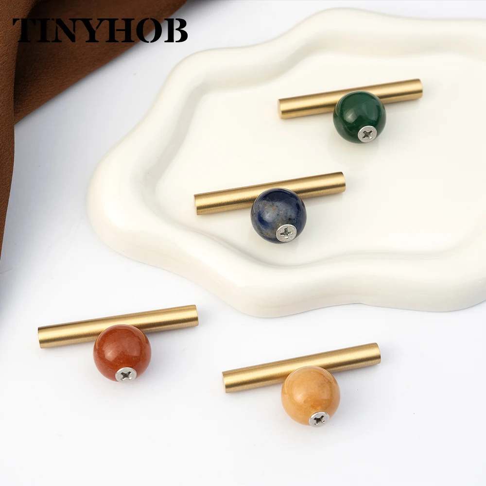 Nordic Natural Stone Sphere Brass T Bar Handle, Single Hole Cabinet Drawer Pull Knob for Wardrobe Cupboard Furniture Hardware