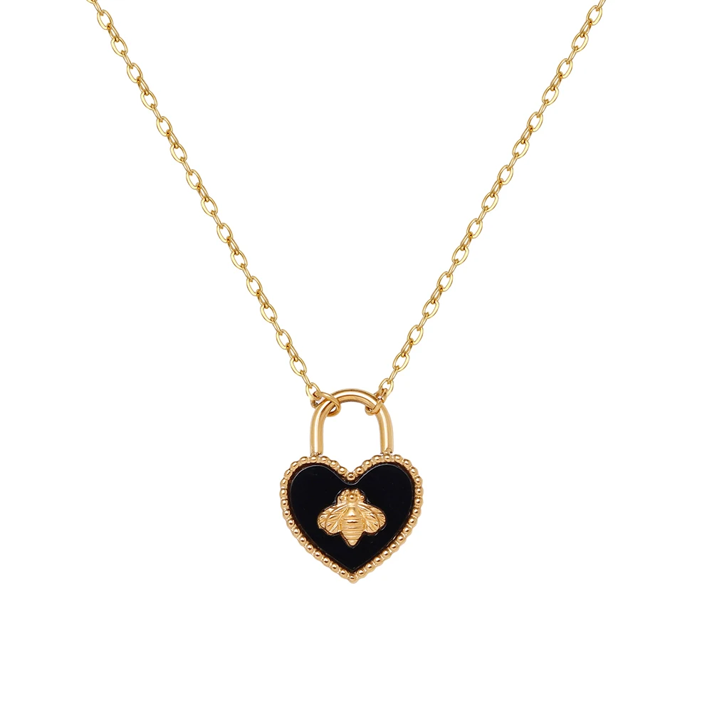 Stainless Steel Plated 18k Gold Bee Heart Black Lock Pendant Necklace Women Classic Versatile Party Jewelry