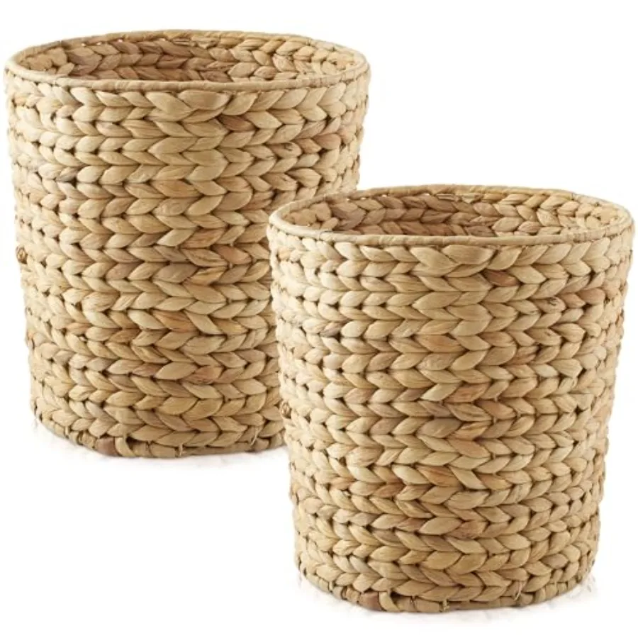 

Set of 2 Water Hyacinth Waste Baskets - Natural, Round Woven Trash Can Bins for Bathroom, Bedroom, Laundry Room, Home Office