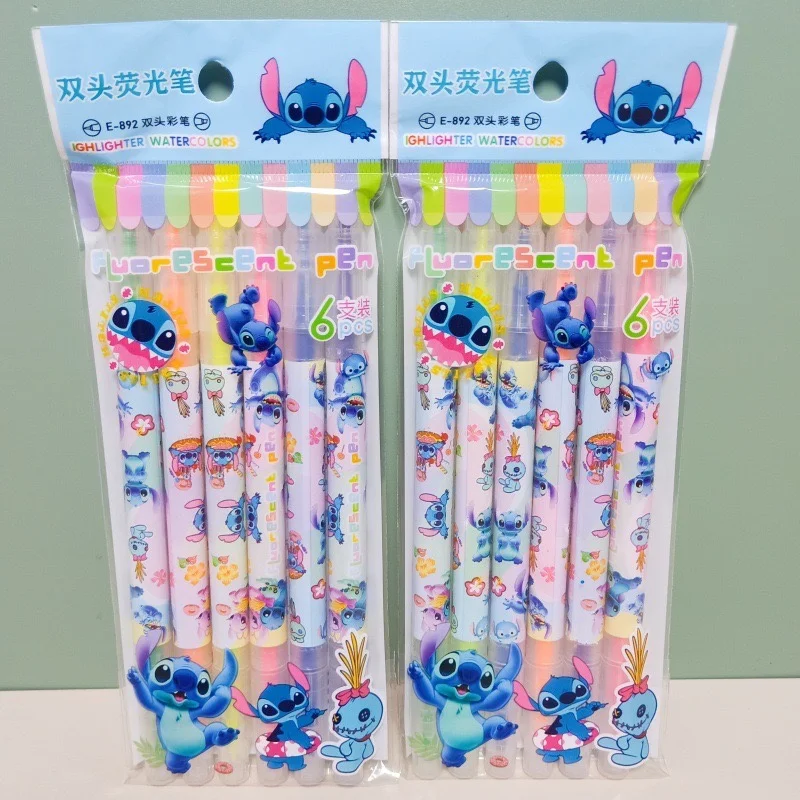 6/12PCS Disney Stitch Fluorescent Pen Set Sanrio Key Markers Student Diary Scrapbook Painting Stationery Graffiti Pen