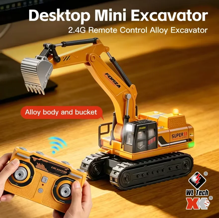 WLtoys 6402 Alloy Mini Desktop Full Scale Excavator LED Light 1:64 Simulation Hook Machine Model Toy Christmas Gift
