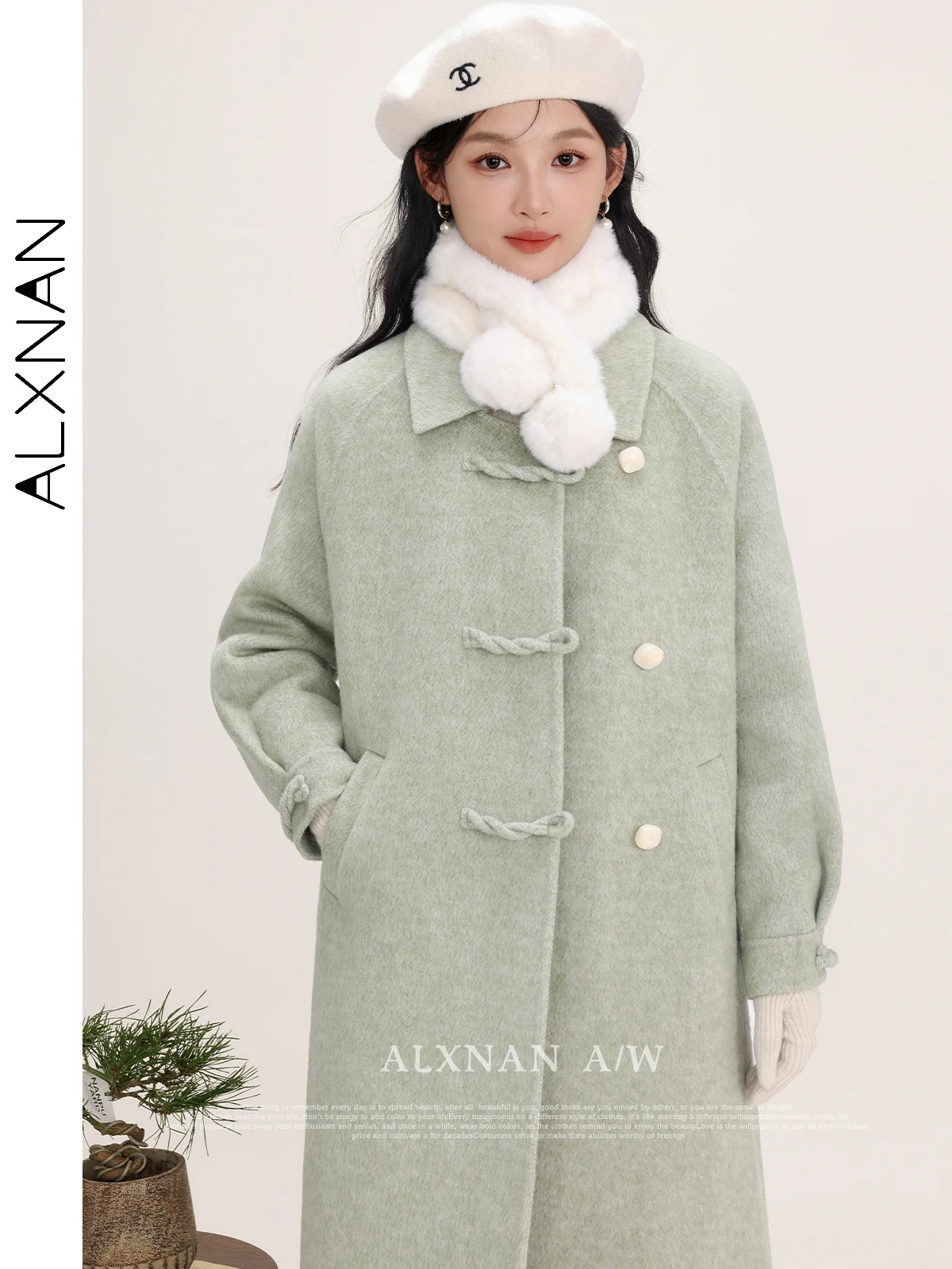 

ALXNAN Double Face Woolen Coat for Women Solid Lapel Collar Raglan Sleeve Square Button Lady 2024 Fall Winter Outerwear LXN31902