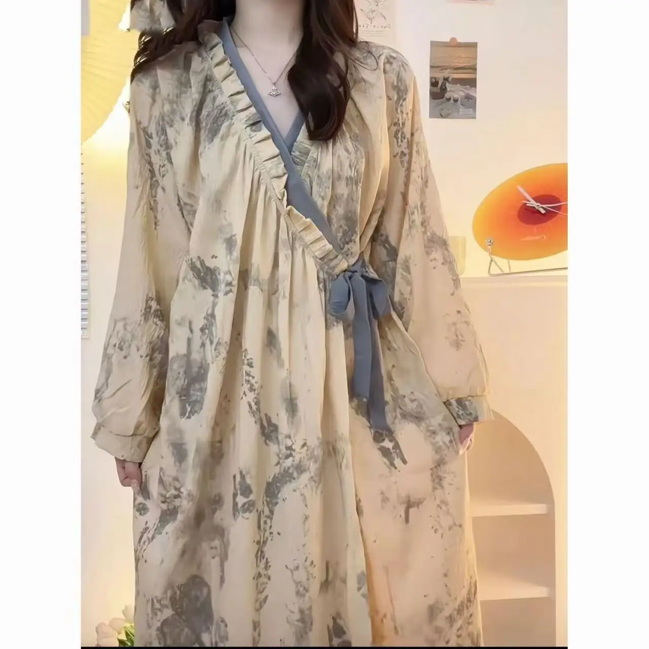 

Long Nightgown Spring Autumn Loose Pajamas Large Size Long-sleeved Printed Home Clothes Women's Nightgown Lady Sleeping Ladies