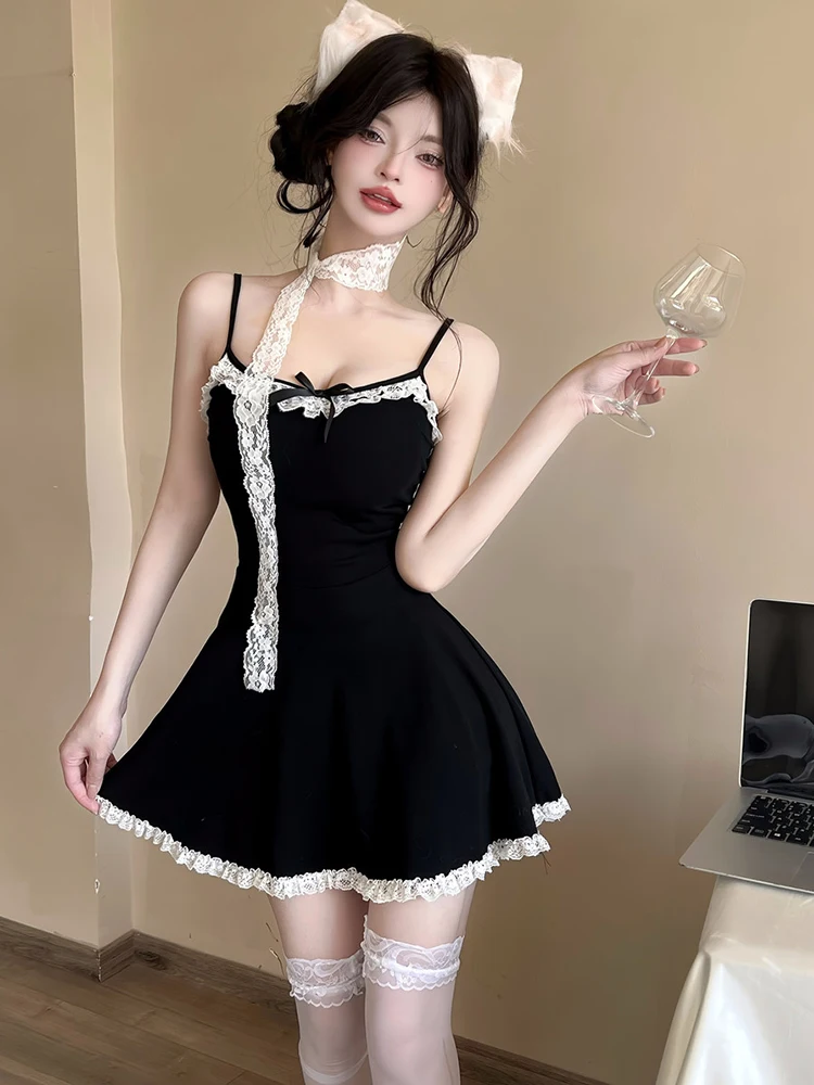 

2025 Black Patchwork Lace Bow Sling Sexy Mini Dresss Women Elegant Casual Y2k Dress Summer Korean Fashion Bodycon Evening Dress