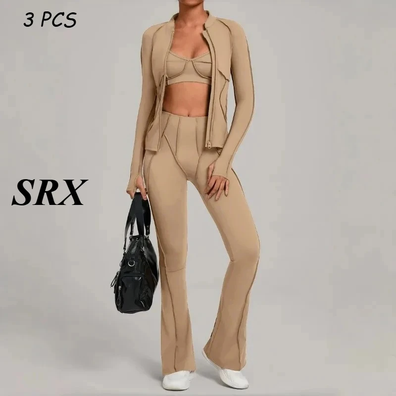 

Комплект из 3 предметов: бесшовный спортивный костюм для йоги (куртка на молнии, топ-бра, леггинсы с эффектом подтяжки бедер) для фитнеса, тренировок в спортзале, повседневной носки, облегающий крой