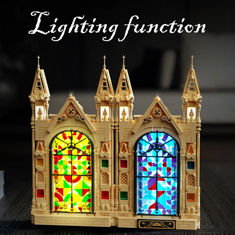 Blocs de Construction d'architecture de film créatif, décorations de fenêtre d'église, figurines en brique, jouets avec lumière pour cadeaux