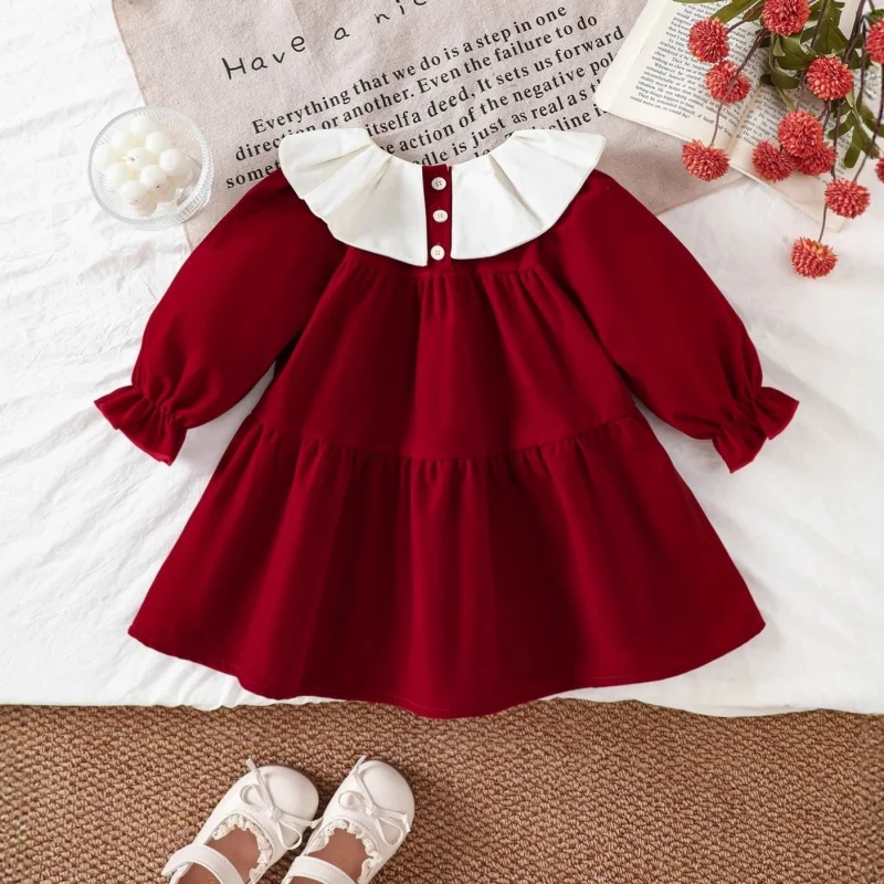 Spring and Autumn New Girl Baby Lace Lotus Leaf Collar Red Dress Long Sleeve Children's Princess Dress Trendy Children's Gifts