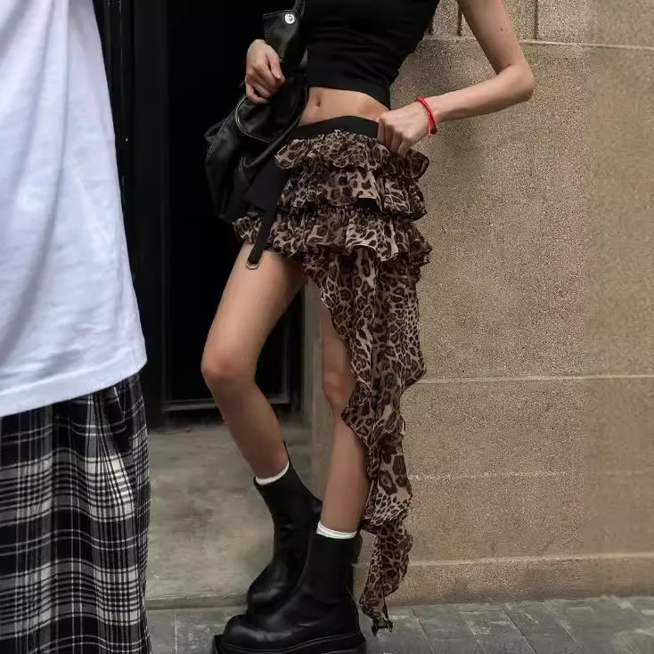 Y2K Hottie Irregular Leopard Print Skirt, Women's Cake Skirt, Elegant Design, Chiffon Short Skirt