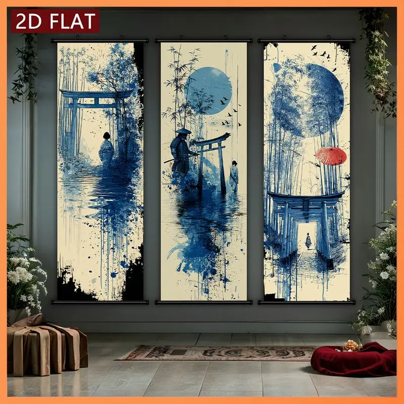 Ukiyo-e Samurai Scroll Tapestry, Vintage Ink-Washed Art Bamboo Grove Vertical Wall Hanging, Living Room Wall Decor