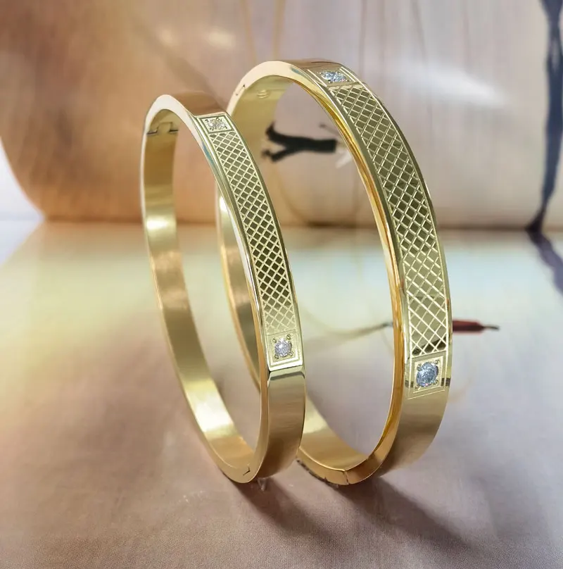 Inlay Cubic Zircon Grid Bracelet & Bangles For Men And Women Stainless Steel Gold Color Jewelry Circumference 18cm & 20cm