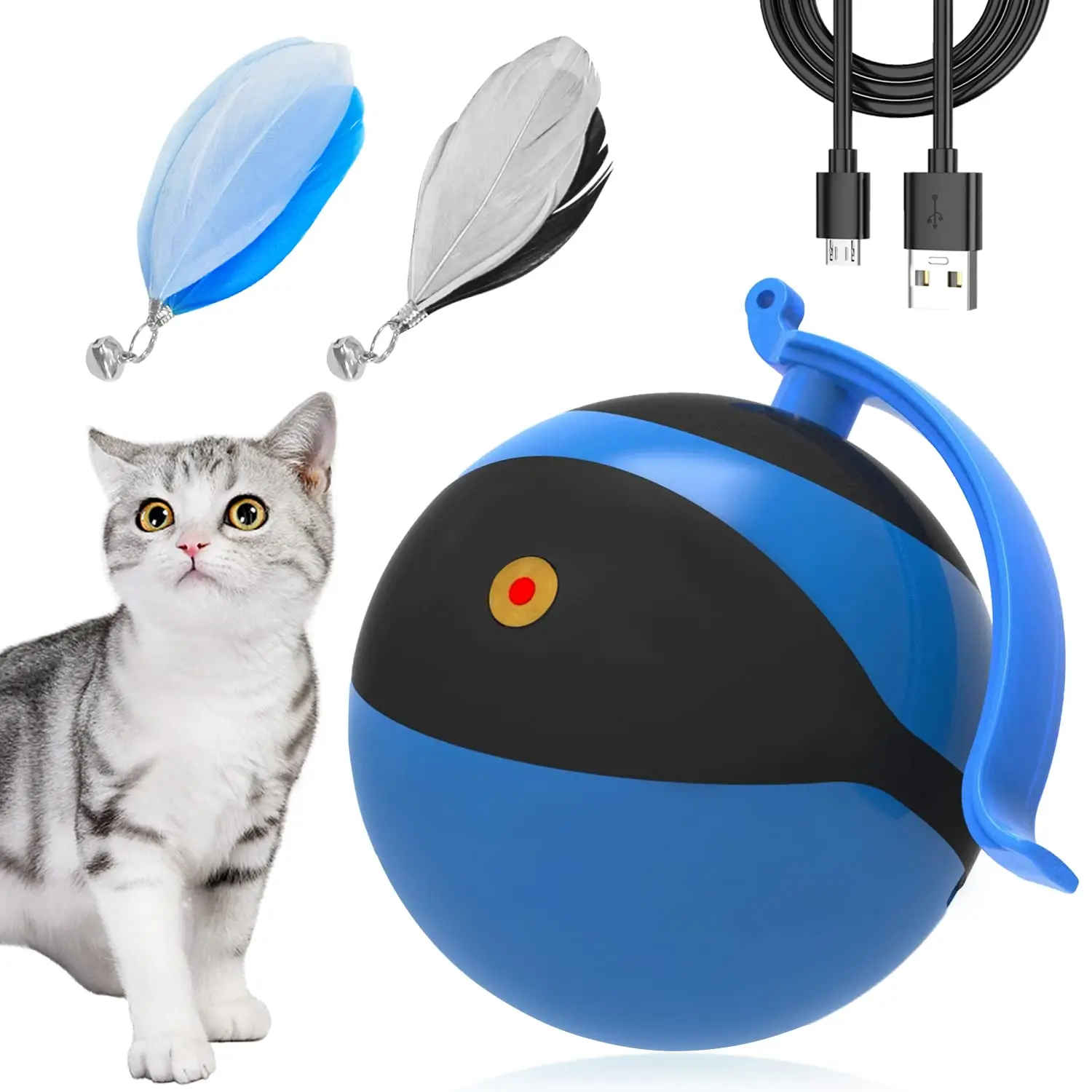 Automatic Moving Ball Bundle Feather Kitten Interactive , Smart Electric Teaser Toys USB Rechargeable Hunting Exercise Toys