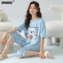 M-6XL Big Size Nightwear Calf-length O-Neck Sleepwear for Women Faux Cotton Capris Pajama Pijamas for Woman Lady Pajamas Set