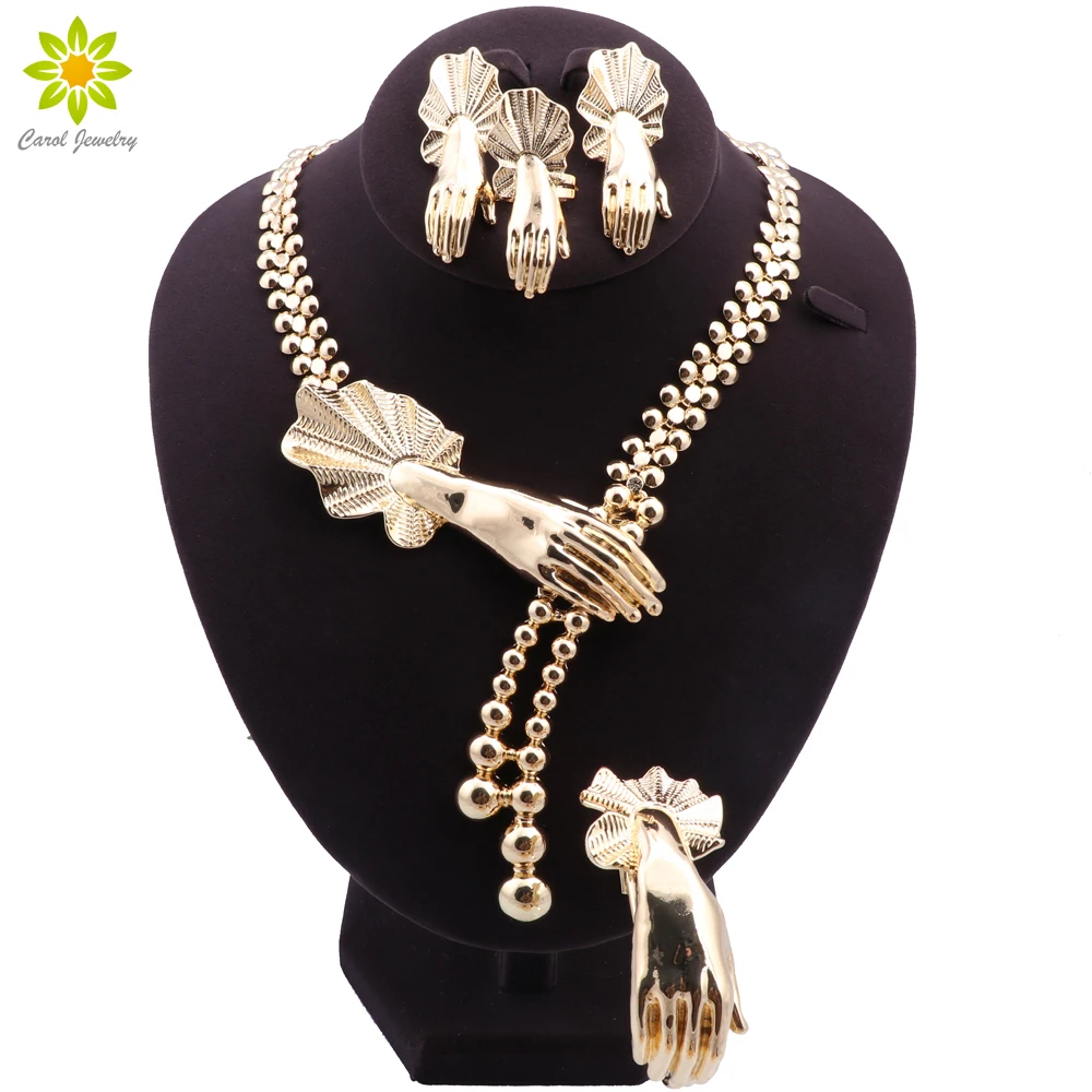 

Indian Luxury Gold Color Palm Shape Necklace Bracelet Earrings Ring Jewelry Set Dubai Bridal Wedding Banquet Choker Gifts