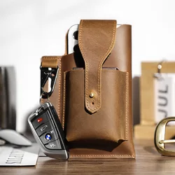 Genuine Leather Mobile Phone Holster Men Vintage Crazy Horse Leather Cell Phone Waist Belt Bag Cigarette Box Withe Key Buckle