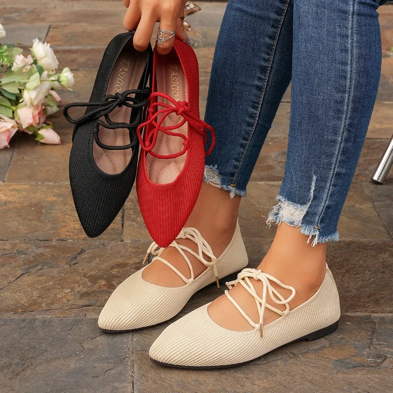 

Women Flats Fashion Knitted Breathable Loafers Outdoor Casual Pointed Toe Solid Shoes Shallow Mouth Lace Up Female Sneakers