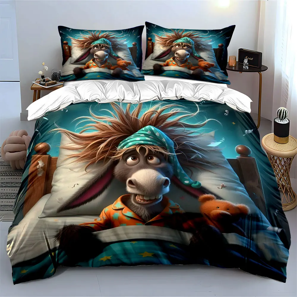 Messy-haired donkey in pajamas with teddy bear Printed Duvet Cover Set 1 Duvet Cover+2 Pillowcase Multi Size Bedroom Decor