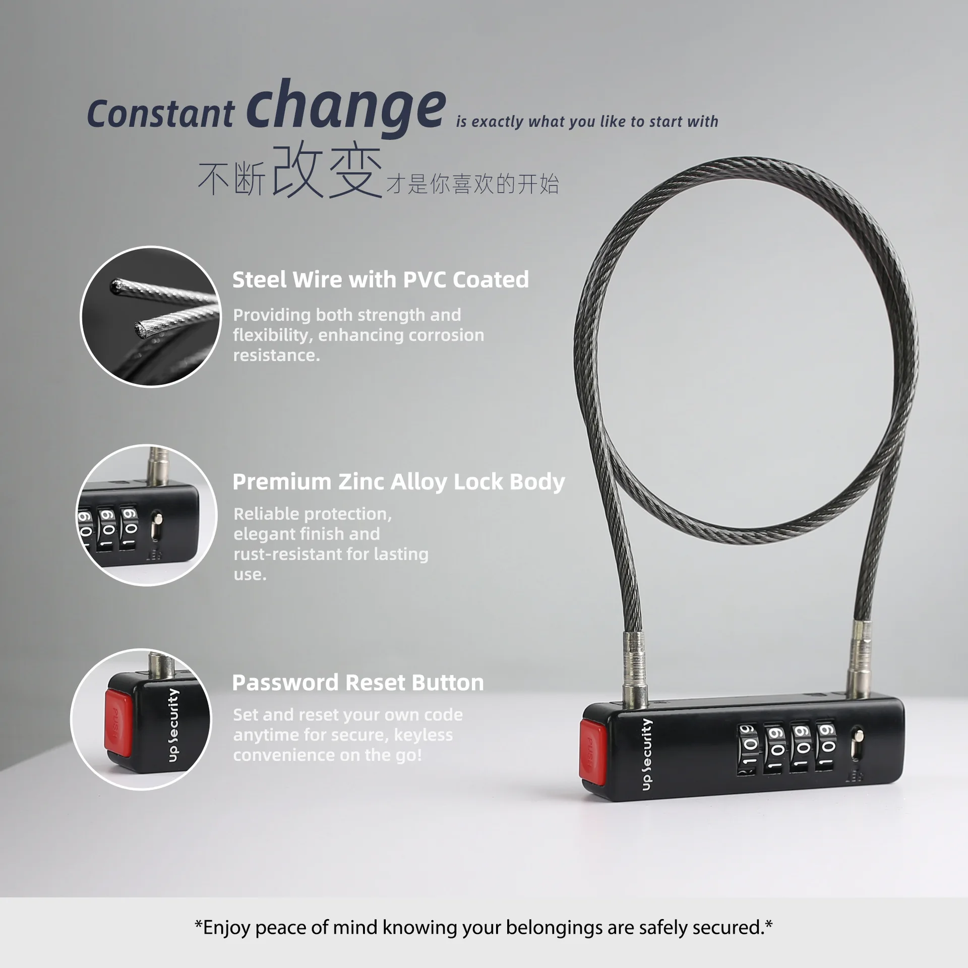 قطر السلك سميك سلك حبل قفل دفع قضيب قفل مجمع رقمي متعدد الأغراض، خوذة دراجة مضادة للسرقة