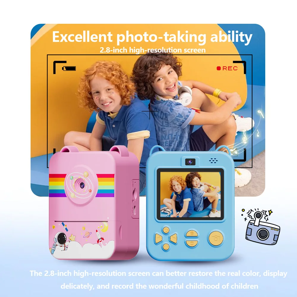 Instant print camera for children, USB charging|Dual lens|1500mAh,selfies&video&educational games,family gatherings&travel gift