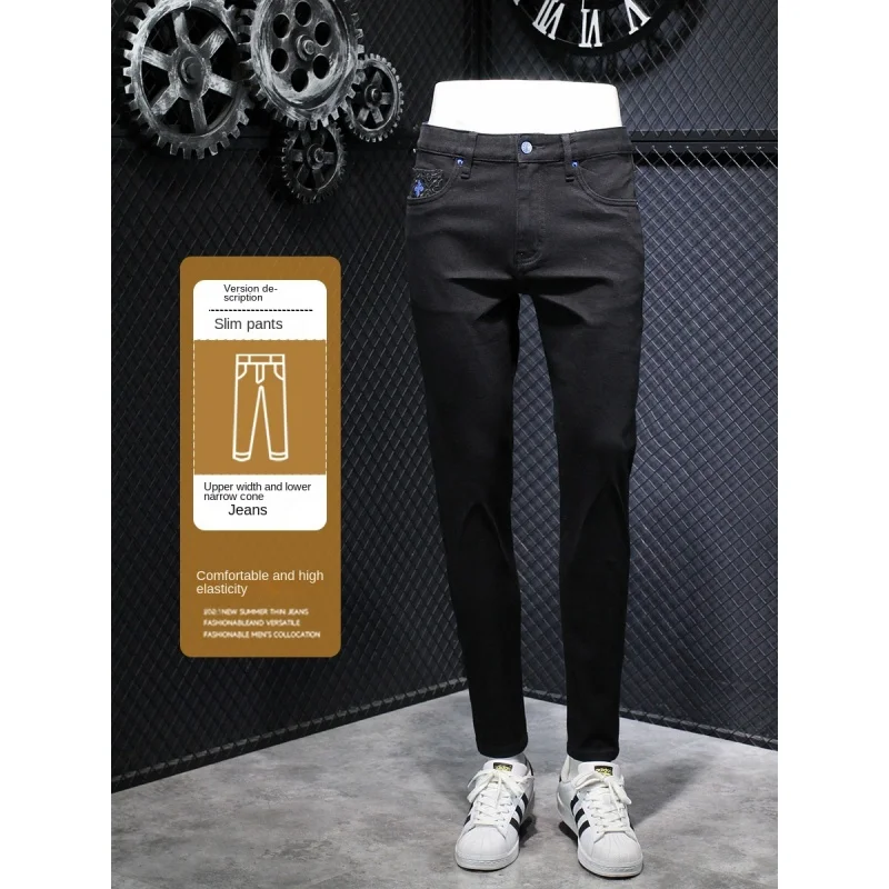 New Black Jeans Men'S Slim Fit Straight Leg Minimalist American Casual And Versatile Elastic Embroidered Cotton Long Pants