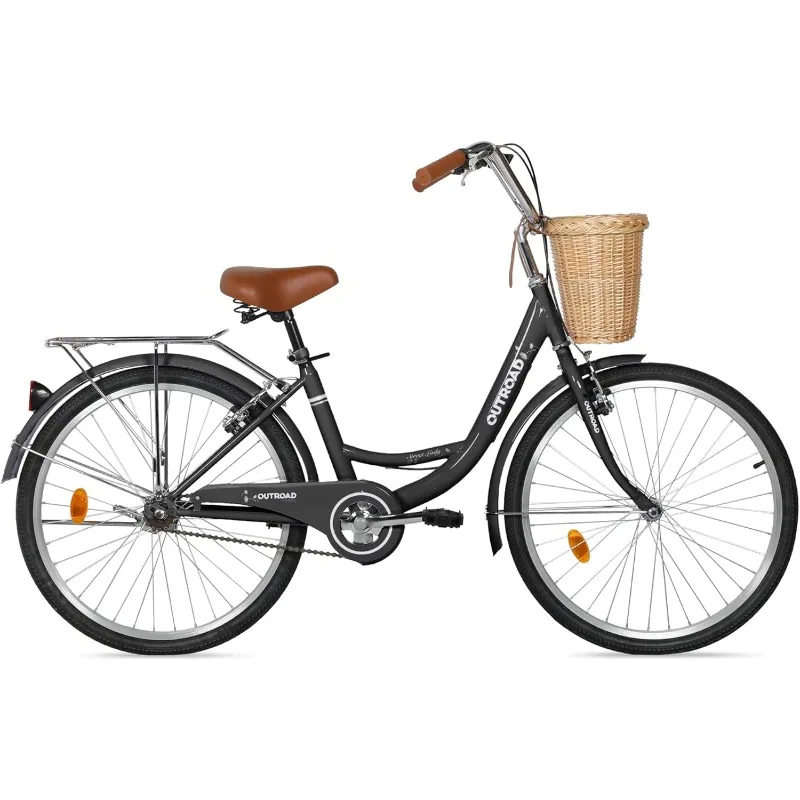 Bicicleta Beach Cruiser, bicicleta para mujer con cesta delantera de ratán, bicicletas cómodas de 24 pulgadas con asiento ajustable y freno en V doble (negro)