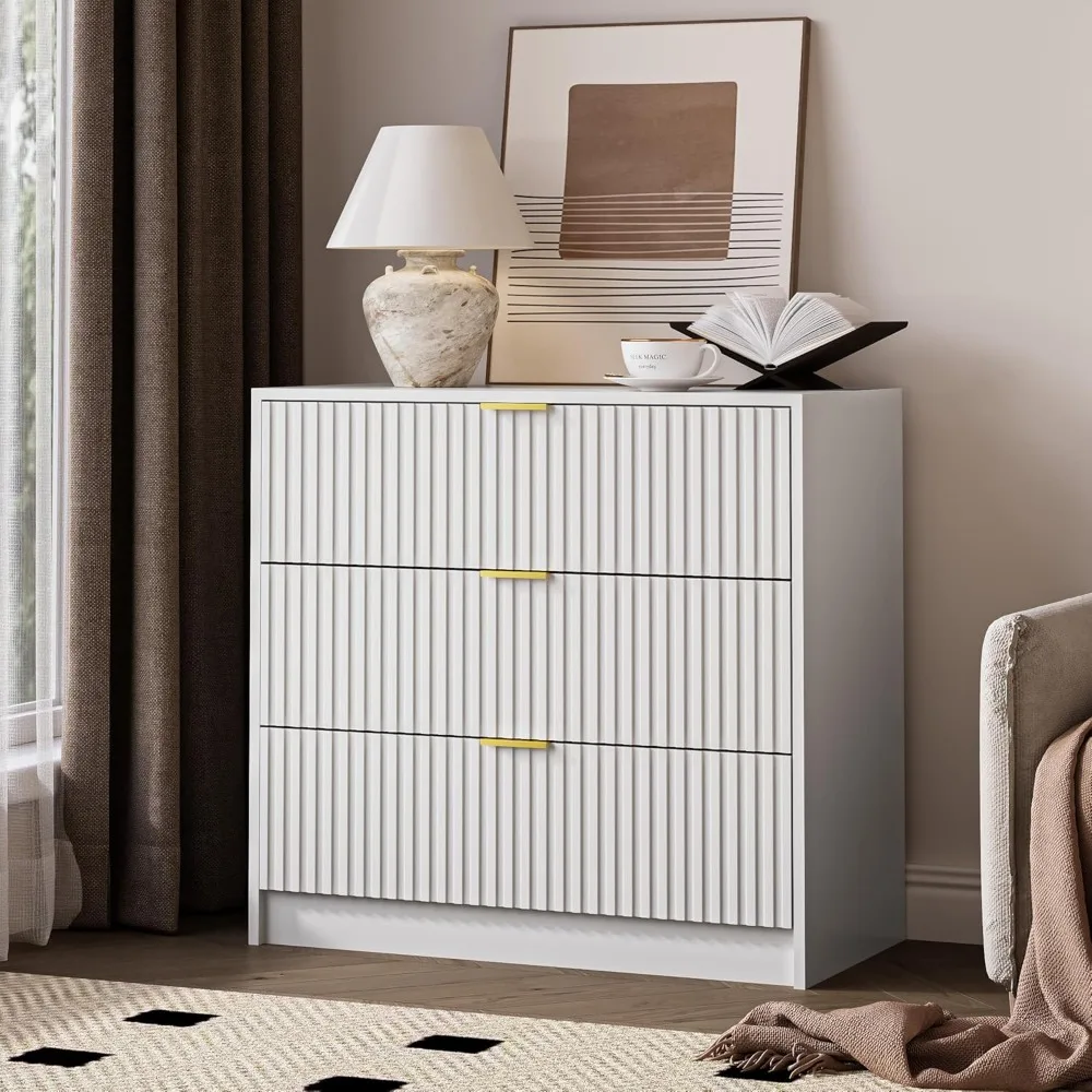 

White Fluted Dresser for Bedroom, 32 Inch Wide Nightstand with Large Drawer, 3 Drawer End Table for Bedroom, Living Rooms, Offic
