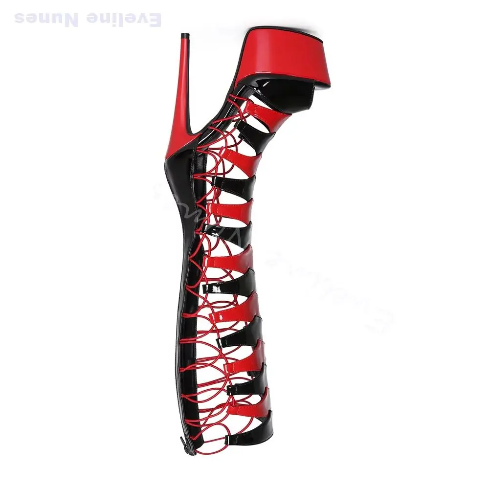 Cutout Gladiator Knee High Sandals Boots Women Peep Toe Platform Black Red Contrast Strappy Boots Pole Dancing Party Footwear