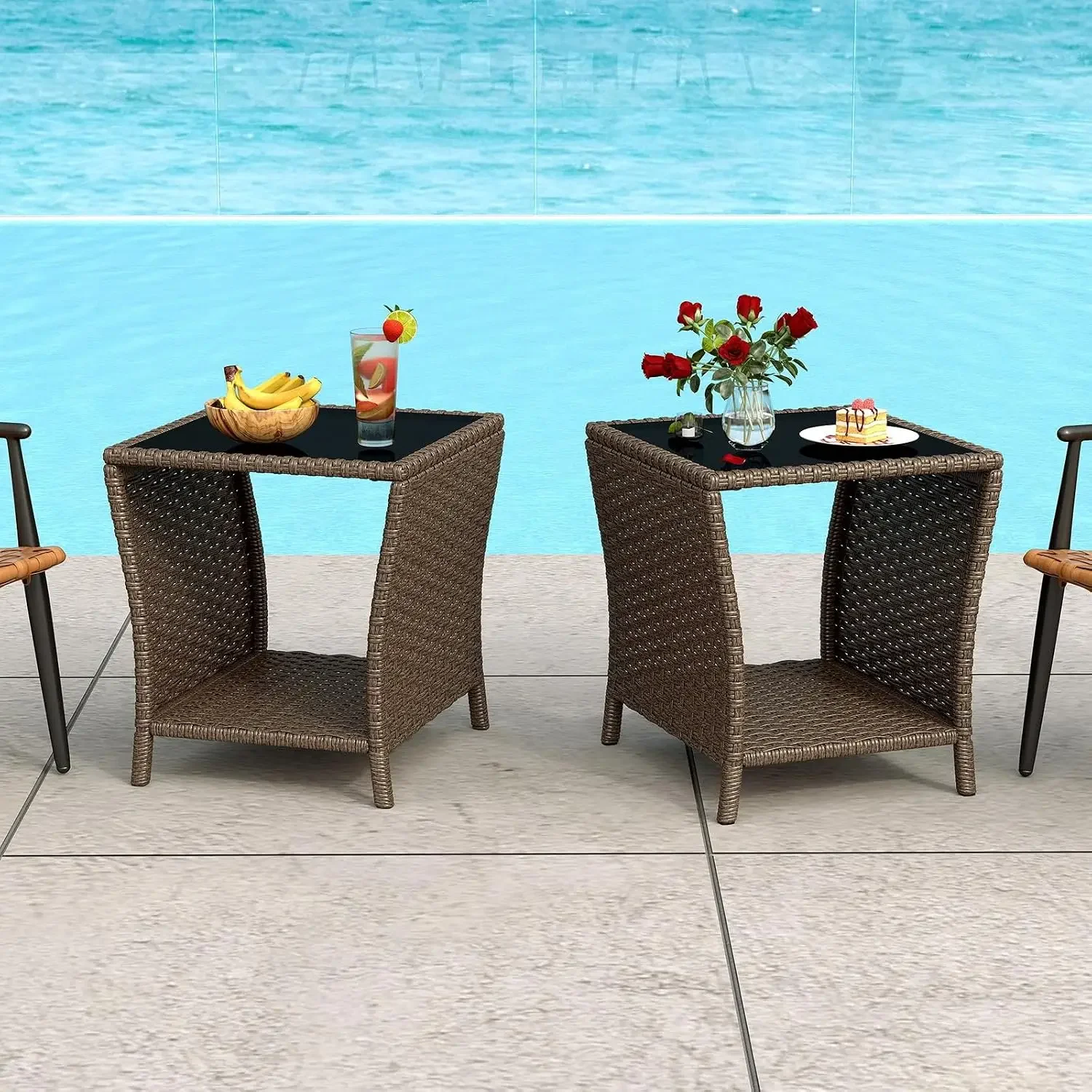 Set of 2 Outdoor Wicker Side Table, Glass Top & Storage Shelf, Brown