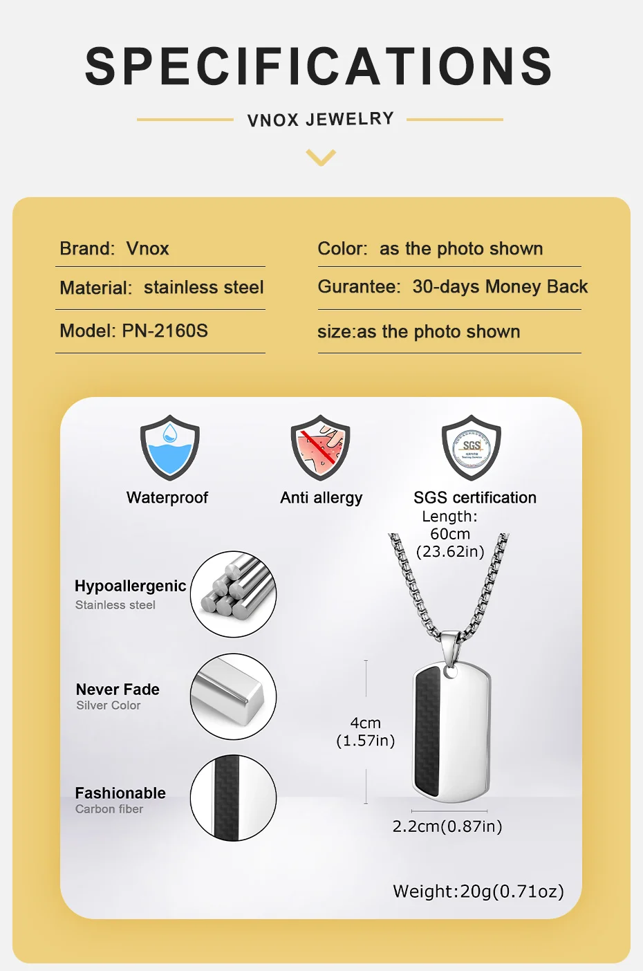 Vnox Schwarze Carbonfaser Militär-Hundemarken-Anhänger Halsketten für Männer, Silberfarbene Edelstahl-Kastenkette Schmuckgeschenke für Ihn – Detail 4