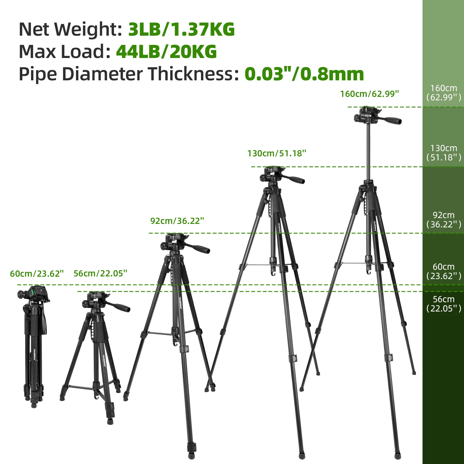 Huepar ขาตั้งกล้องสามขา1.6ม./62.99นิ้วสำหรับขาตั้งแบบปรับได้ระดับเลเซอร์พร้อมหัวหมุน3ทิศทางแผ่นปล่อยอย่างรวดเร็วพร้อม1/4 ", ตัวยึด5/8''